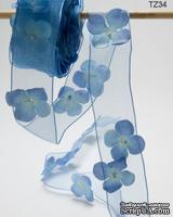 Лента с цветами - FLOWERS/PEARL CENTER/WIRED - голубая, ширина - 38 мм, длина 90 см